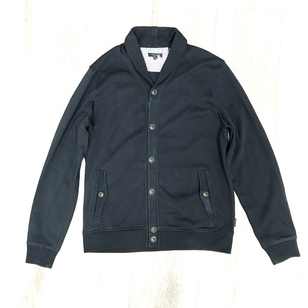 TED BAKER Mens S Cardigan Sweater Navy Blue Cotton Jersey Knit Pockets